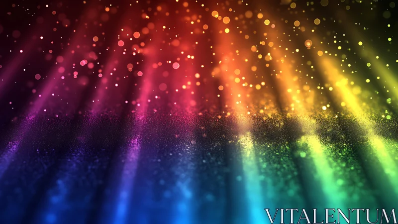 Vibrant abstract rainbow bokeh lights with glowing beams.