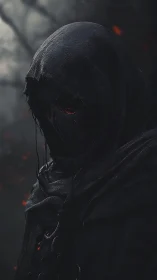 Hooded wraith in volcanic embers rendered as dark digital portrait