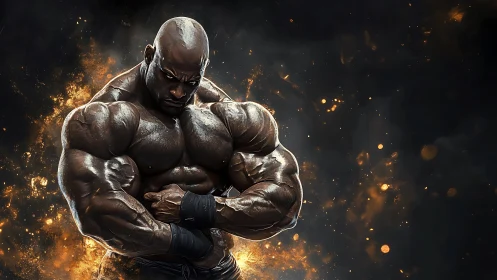 Muscular male bodybuilder posing against dark fiery backdrop.