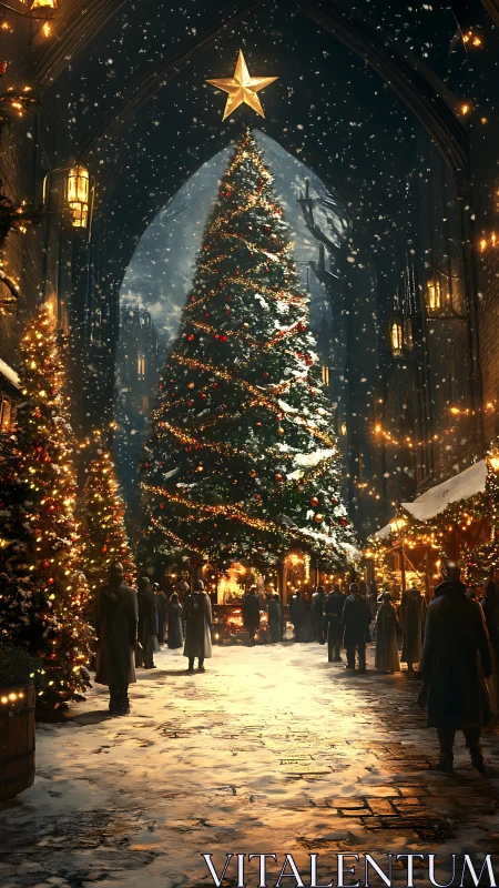 Gothic plaza illuminated by monumental festive conifer at night.