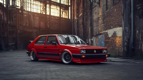 Stanced red VW Golf Mk2 in derelict industrial alley at dusk