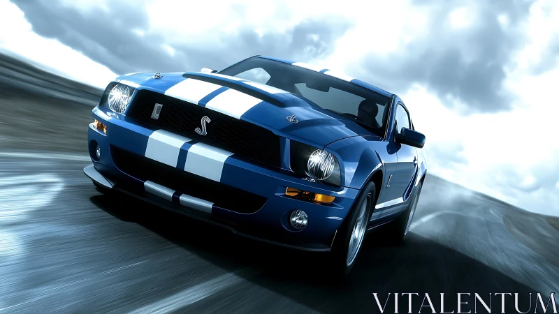 Dynamic blue sports coupe cornering on wet asphalt in motion