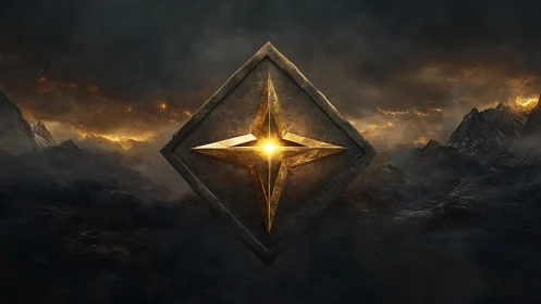 Metallic four-point emblem over dark mountainous horizon.