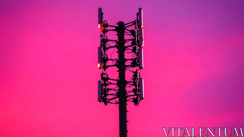 Cell tower glowing against neon magenta twilight sky.