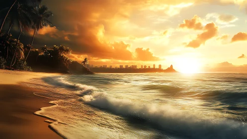 Golden shoreline sunset embracing a distant coastal city.