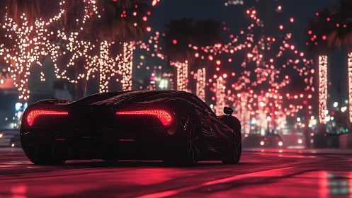 Midnight hypercar gliding through neon-lit palm boulevard.