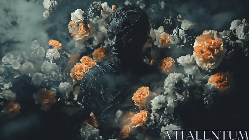 Dark figure portrait surrounded by dense orange flowers.