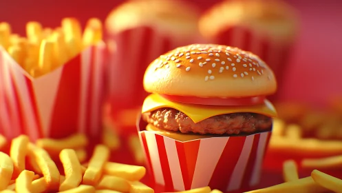 Cheeseburger sits in striped box beside fries on red background