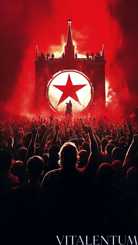 Propaganda rally silhouette under monumental red star emblem.