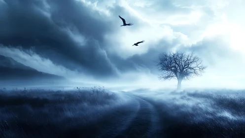 Moody mist roadscape with solitary tree and crows.