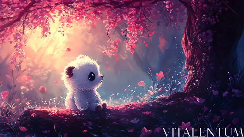 Bioluminescent grove with plush panda under chromatic canopy.