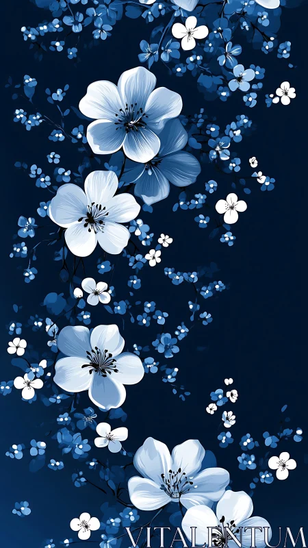 Monochromatic Floral Botanical Study with Navy Gradient Background.