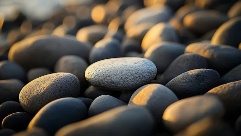 Smooth shoreline pebbles in shallow focus under warm light.