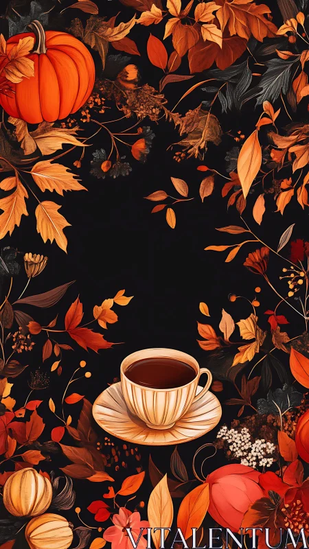 Autumn coffee cup framed by pumpkins and falling leaves.