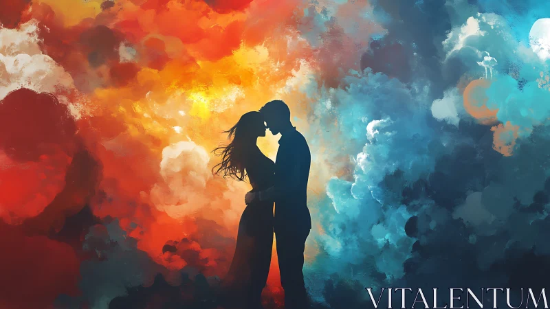 Silhouetted couple embracing amid contrasting warm and cool color fields