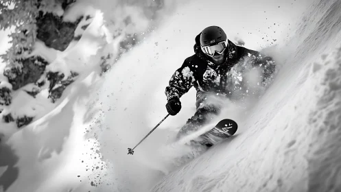 Snowstorm surfer carves a monochrome thunderbolt descent