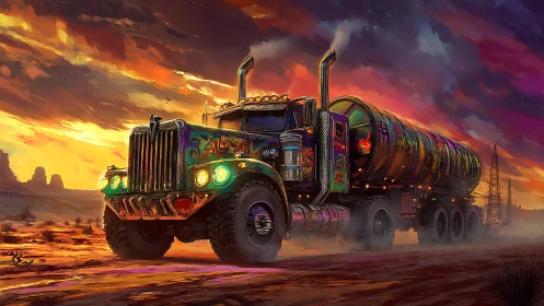 Neon graffiti tanker truck powers through a post-apocalyptic desert