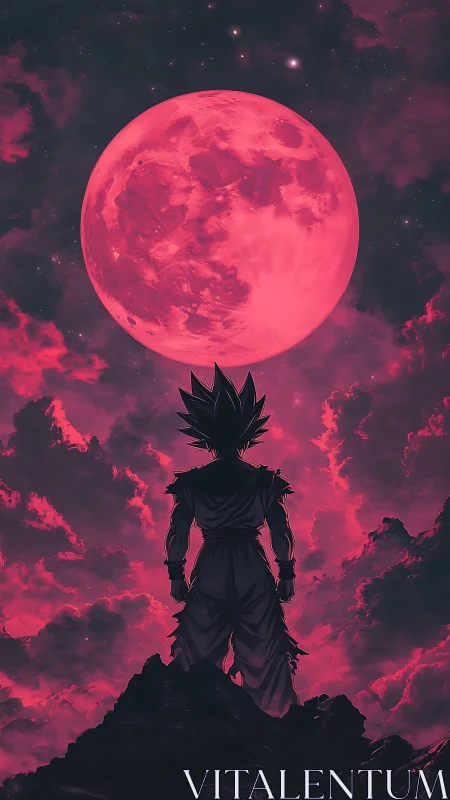 Warrior silhouette facing huge red moon in stormy sky.