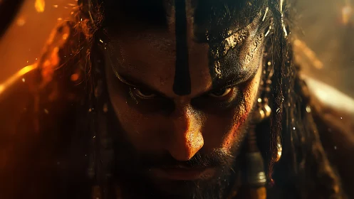 Warrior glare cuts through embers under molten light.