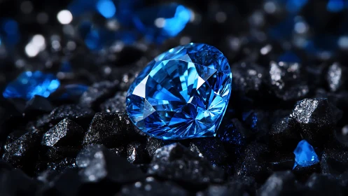Heart-cut sapphire rests on dark crystalline stones.
