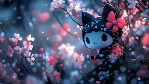 Chibi cat character in glowing cherry blossom forest.
