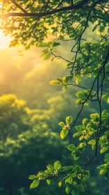 Backlit tree foliage displays warm bokeh and shallow depth of field