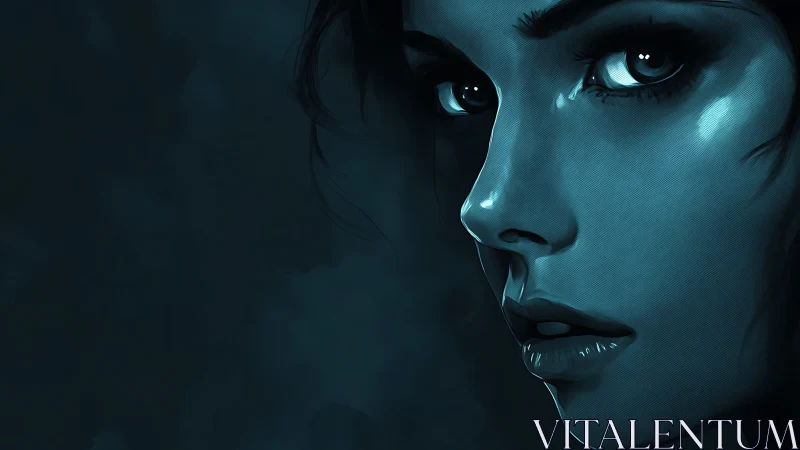 Moody teal side-lit portrait with intense female gaze profile.