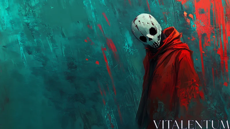Skull masked figure in red cloak against teal background.