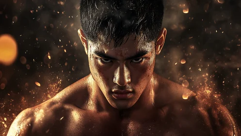 Intense fighter stares forward amid glowing embers and smoke