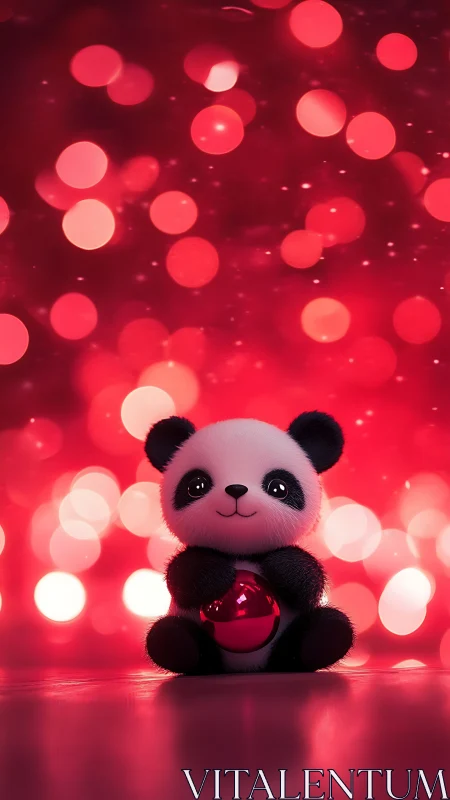 Cute panda plush glows against red bokeh holiday lights.
