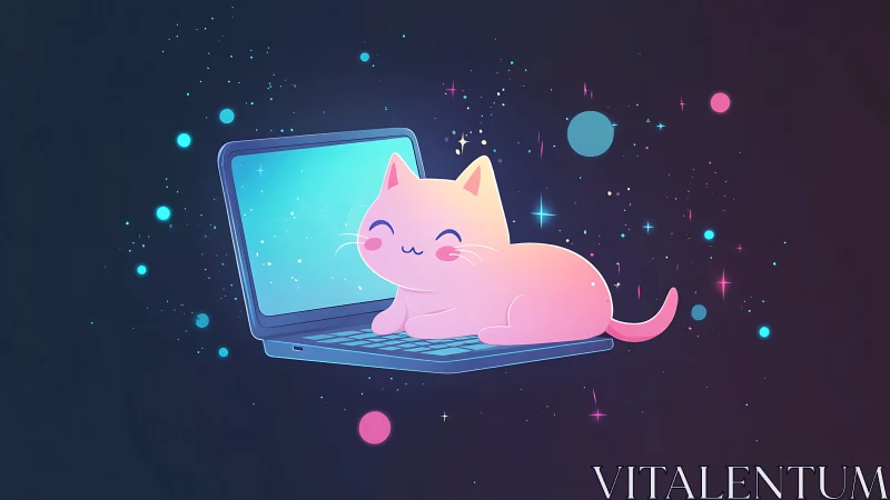 Luminescent Feline Character on Laptop Display with Particle Effects