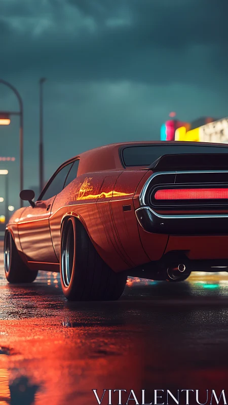 Muscle car rear view glows on wet neon-lit urban street