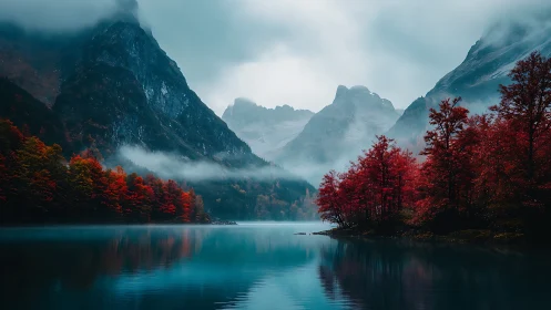 Mist-layered alpine lake with cyan water and scarlet foliage.