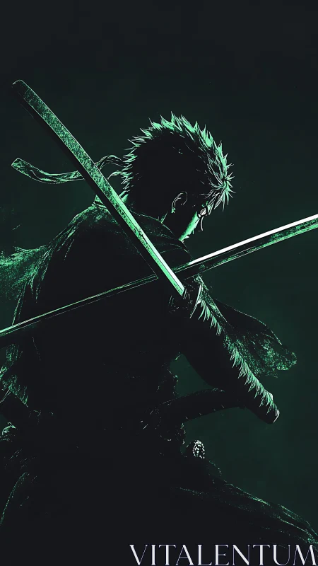 Neon-lit swordsman silhouette with dramatic twin blades.