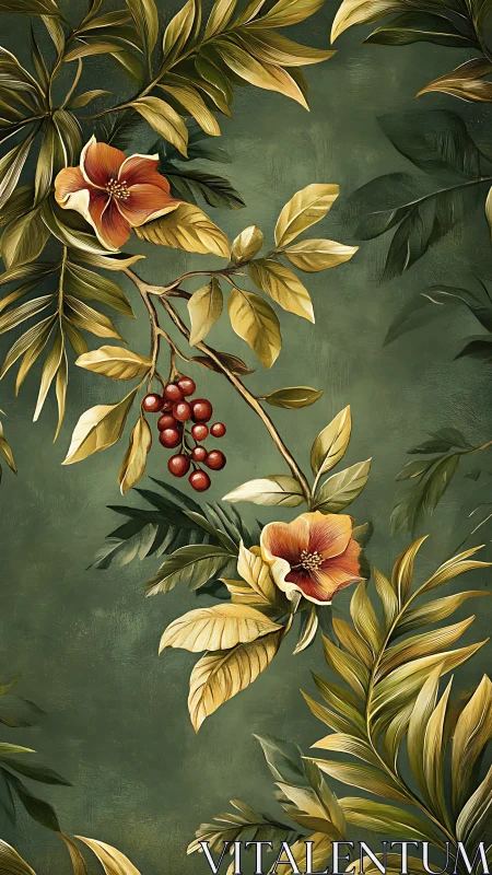 Digital botanical panel with hibiscus florals on green field.
