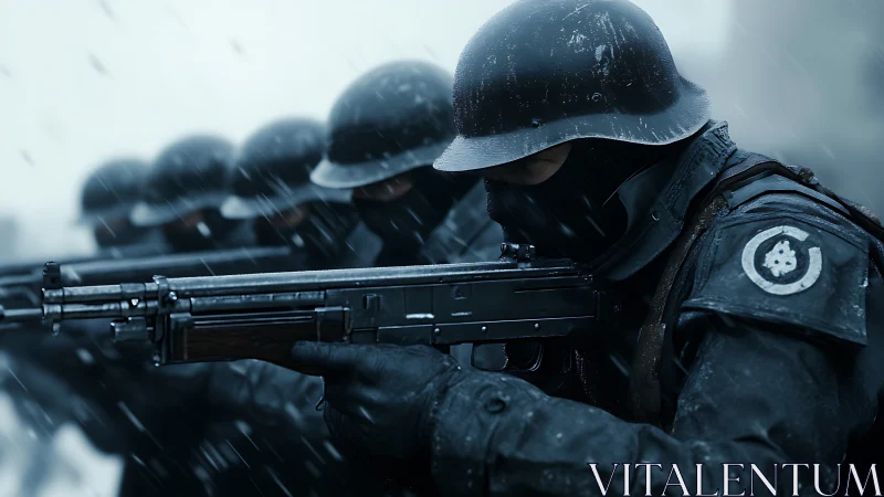 Armed soldiers in tactical formation during rainfall.