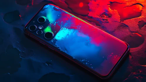 Wet smartphone on neon surface with vivid reflections.