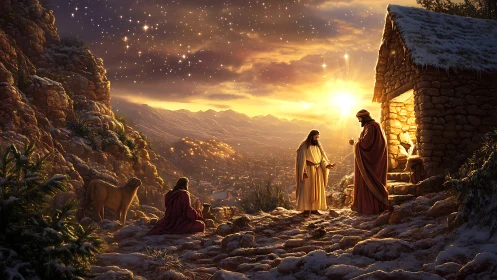 Nativity hillside at sunrise with three figures and starfield glow