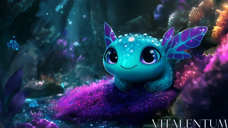 Tiny luminescent dragonet dreams in a deep coral twilight.