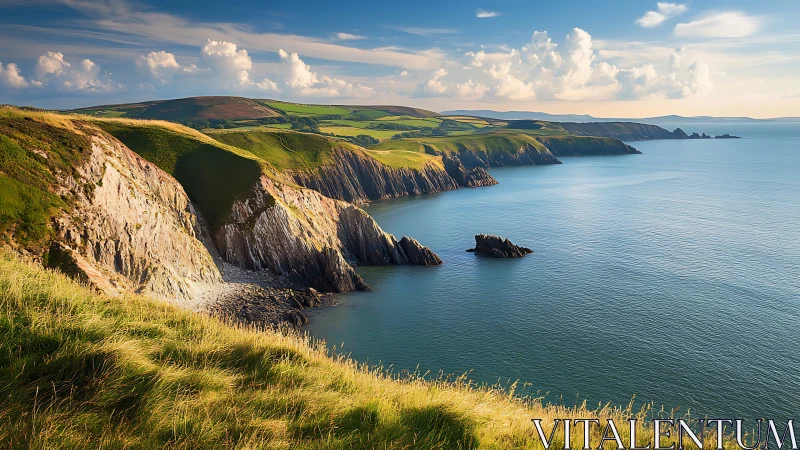 Sunlit green cliffs overlooking a calm blue coastal bay.