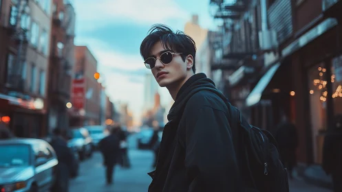 Young adult with backpack on urban street in soft evening light.