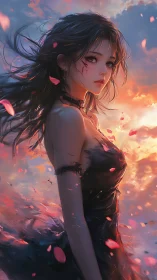 Side profile of injured woman in dark dress at sunset.