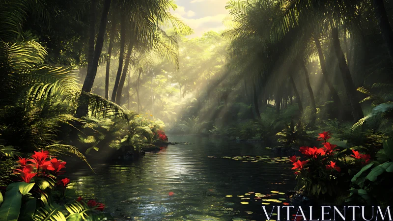 Sunlit jungle lagoon cradling quiet water and scarlet blooms.