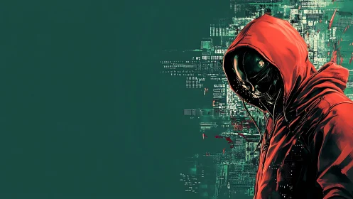 Cybernetic figure in red hood emerges from glitching code