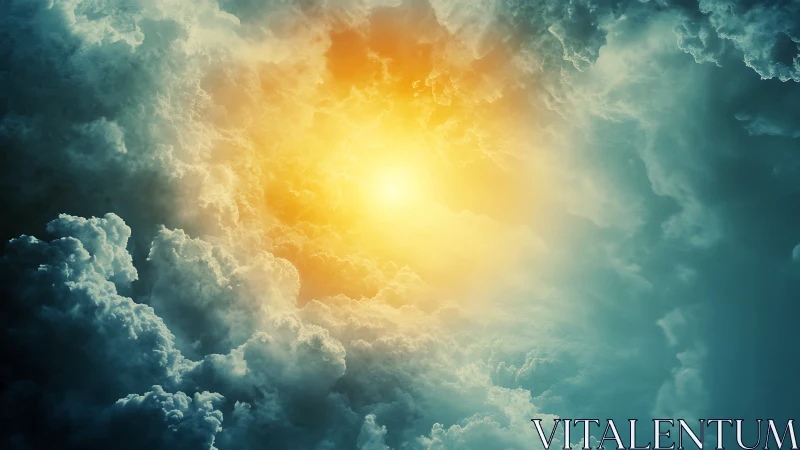 Golden sunburst cradled by stormy teal clouds of sky.