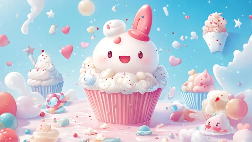 Three-dimensional rendered composition depicting anthropomorphic pastry objects.