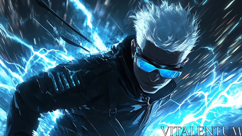 Cybernetic speedster races through crackling blue energy storm.