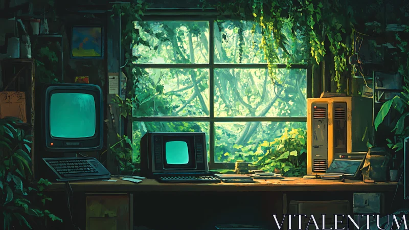Retro terminals in overgrown studio facing luminous forest.