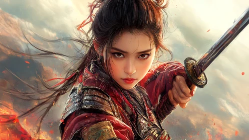 Fierce samurai heroine charges through a blazing battlefield