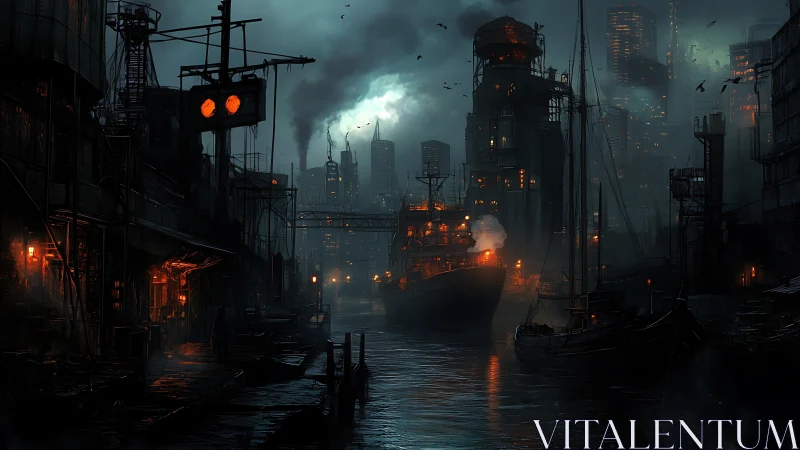 Cyberpunk industrial harbor at night with cargo freighter